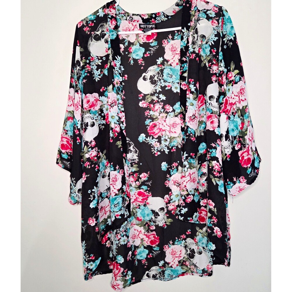 Hot Topic Black Floral Skull Chiffon Open Front Kimono 3/4 Sleeve Women's S